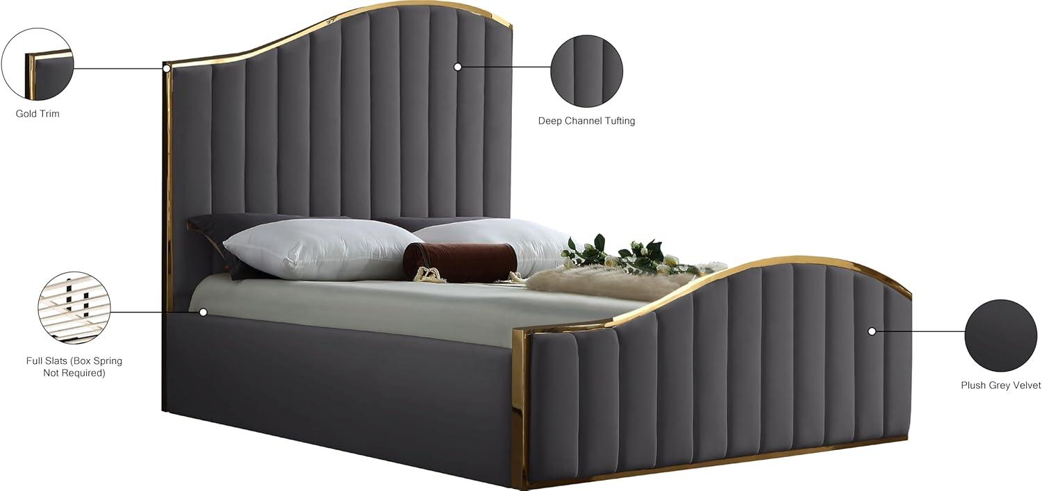 Meridian Furniture Jolie Solid Wood and Velvet Queen Bed in Gray