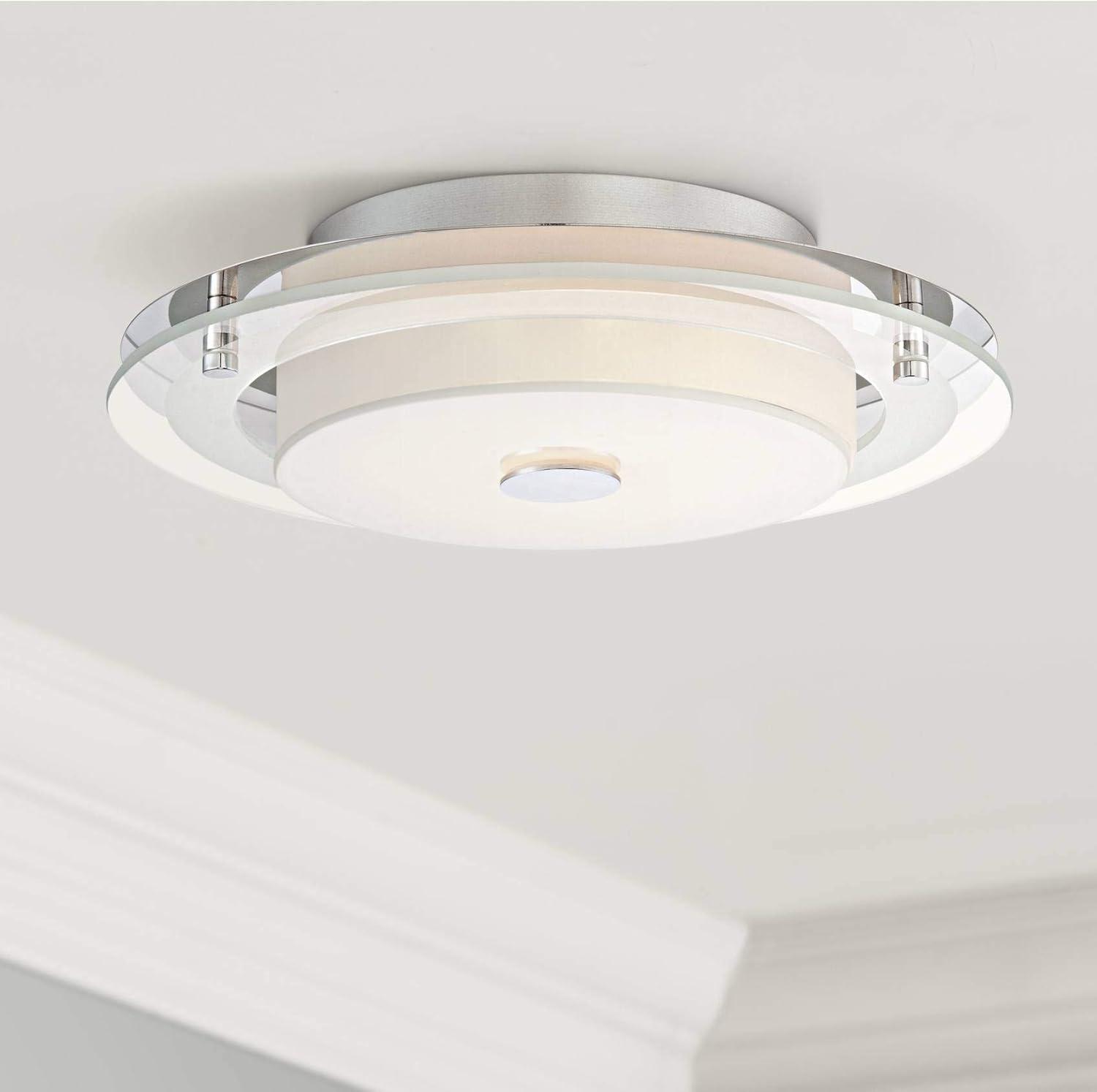 Possini Euro Design Clarival Modern Ceiling Light Flush Mount Fixture 12 1/2" Wide Chrome Dimmable LED Clear Ring White Acrylic Diffuser for Bedroom