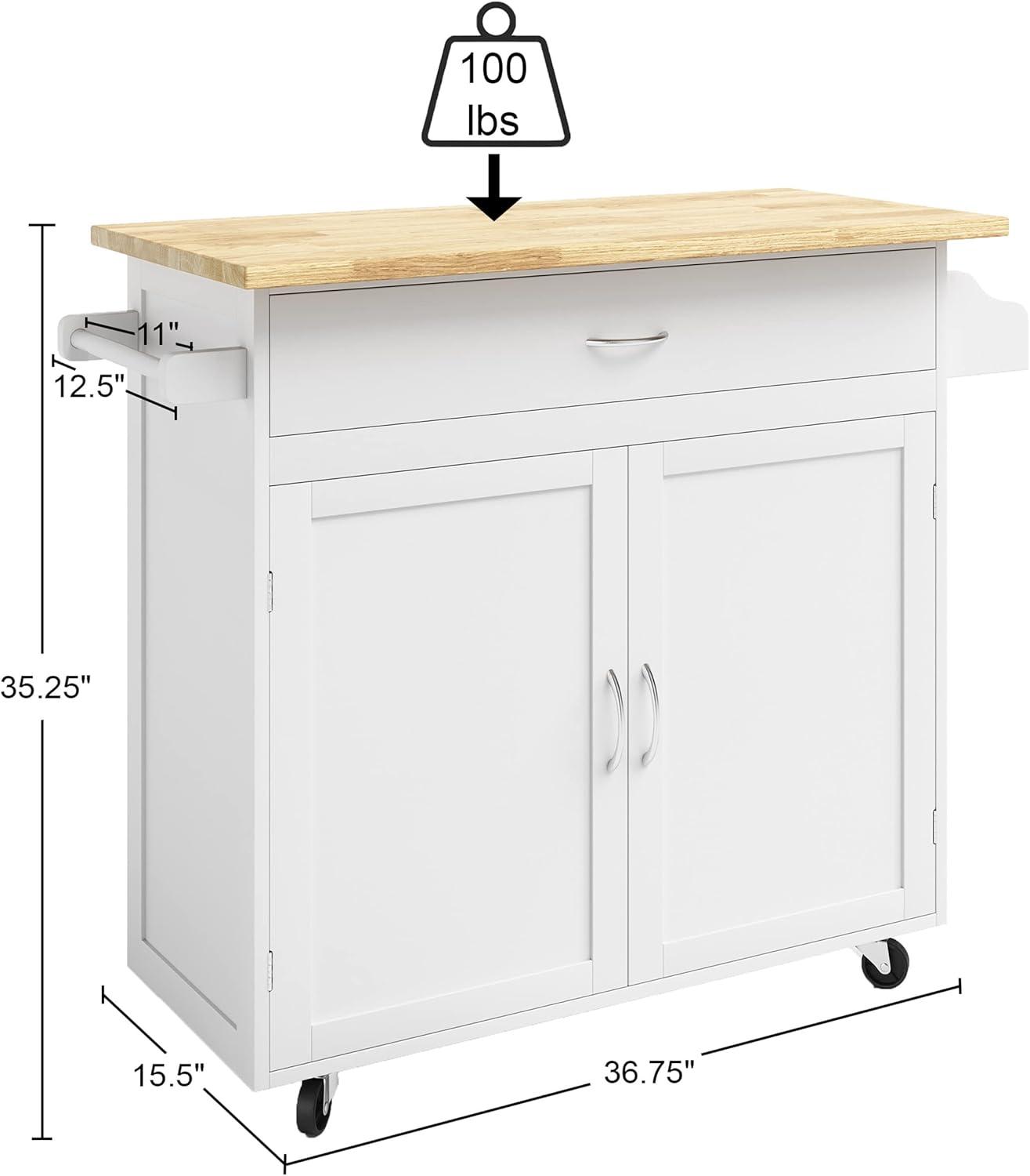 White and Oak Wood Rolling Kitchen Cart with Spice Rack and Storage