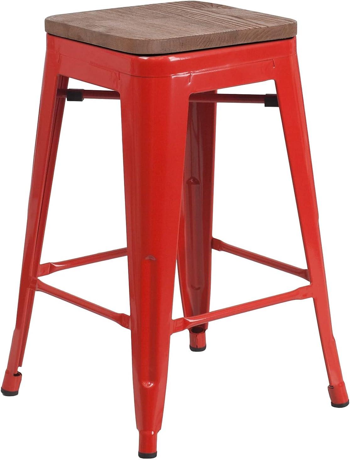 24" Red Metal & Brown Wood Backless Counter Stool