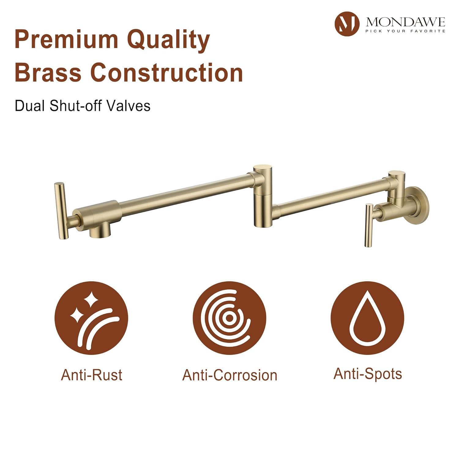 Pot Filler Faucet Wall Mount Kitchen Sink Faucet Stove Pot Filling Faucet with Double Joint Swing Arms Folding Faucet, Solid Brass Material, Lead-Free, Single Hole, Brushed Gold