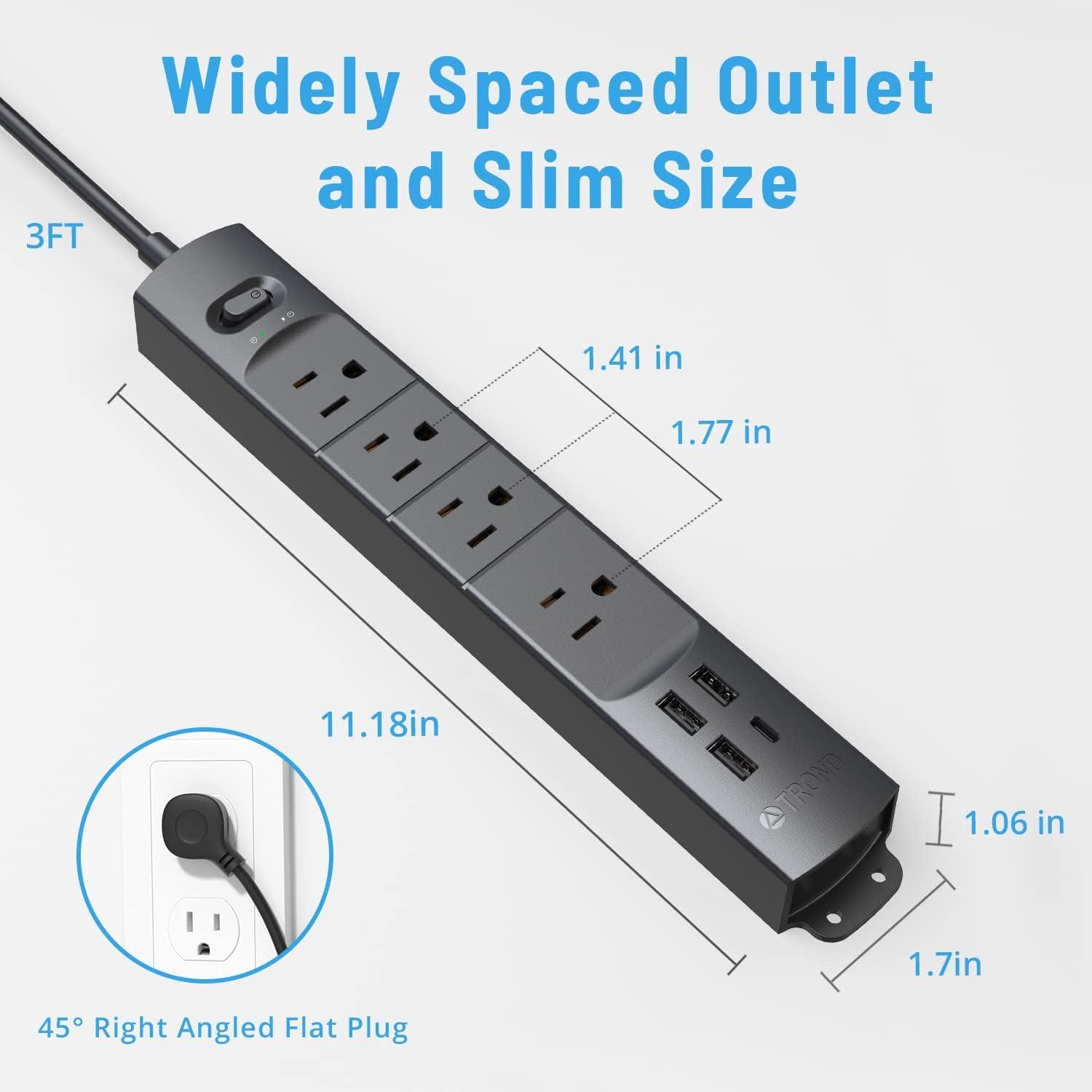 Black 3-FT Surge Protector Power Strip with USB Ports