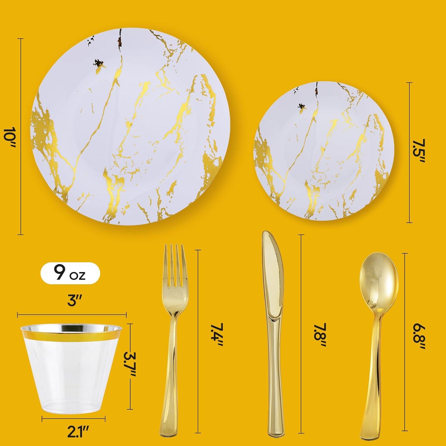 Luxurious White and Gold Marble Design Disposable Dinnerware Set for 30 Guests