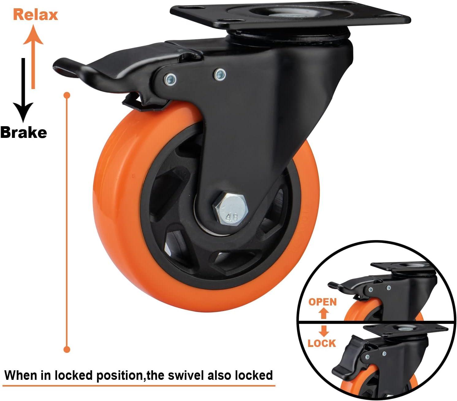 ASHGOOB Caster Wheels, 4 Inch Casters Set of 4 Heavy Duty - Orange Polyurethane Castors, Top Plate Swivel Wheels, 4-Pack Industrial Casters with Brake, Locking Casters for Furniture and Workbench