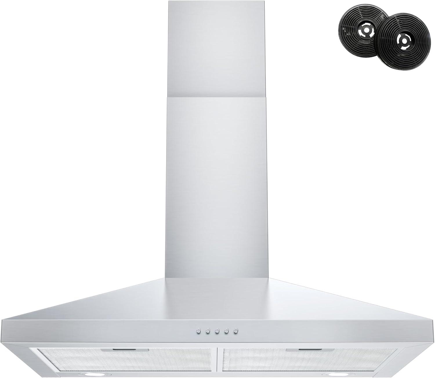 FIREGAS Range Hood 30 inch Wall Mount Type with Ducted/Ductless Convertible, 450 CFM Stainless Steel Chimney-Style Kitchen Hood, Over Stove Vent Hood with 3 Speed Fan, LED Light, Charcoal Filters
