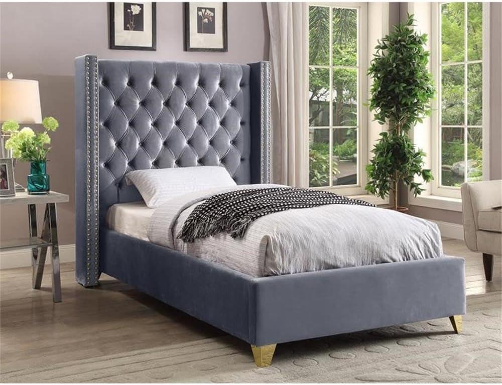 Gray Velvet Twin Bed with Tufted Upholstered Headboard