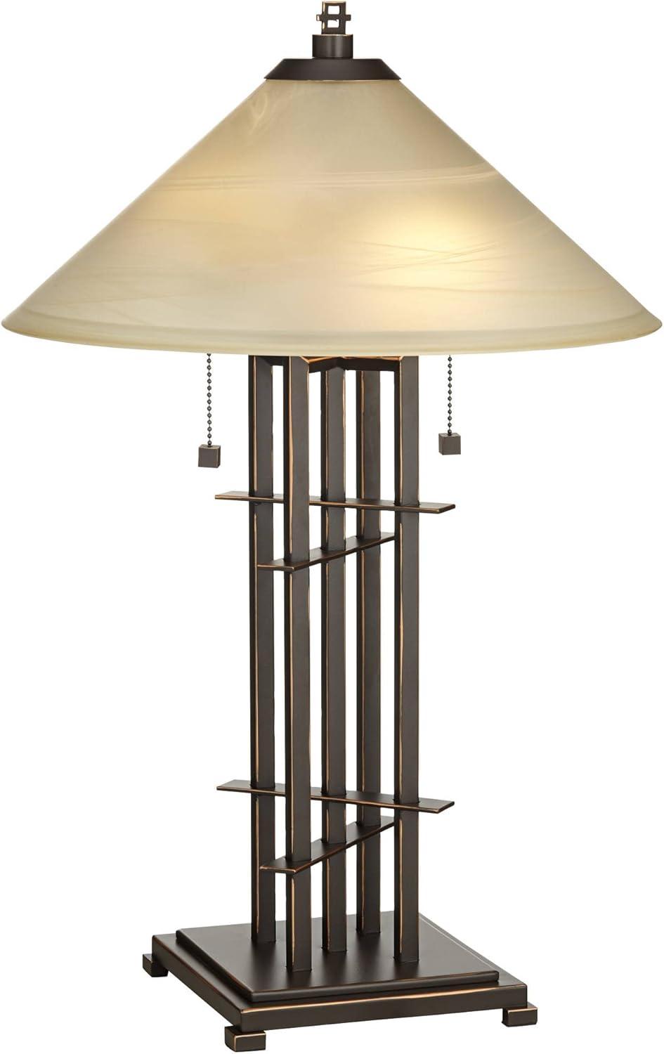 Franklin Iron Works Metro Mission Accent Table Lamp 23 1/2" High Bronze Cone Alabaster Art Glass Shade for Bedroom Living Room Bedside Nightstand Kids