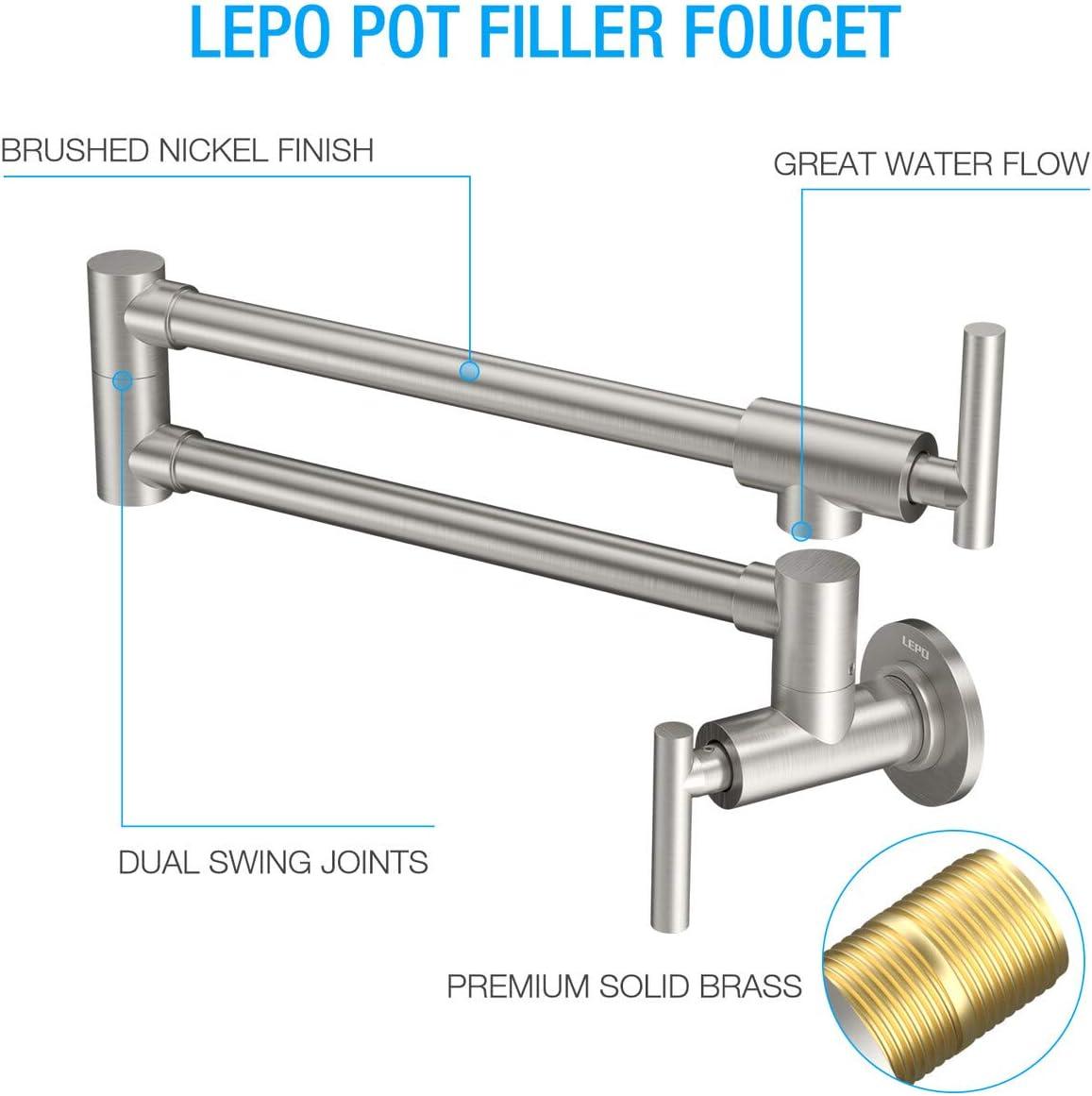 Wowow Wall Mount Pot Filler Faucet with Double Joint Swing Arms, Solid Brass Kitchen Faucets in Brushed Nickel