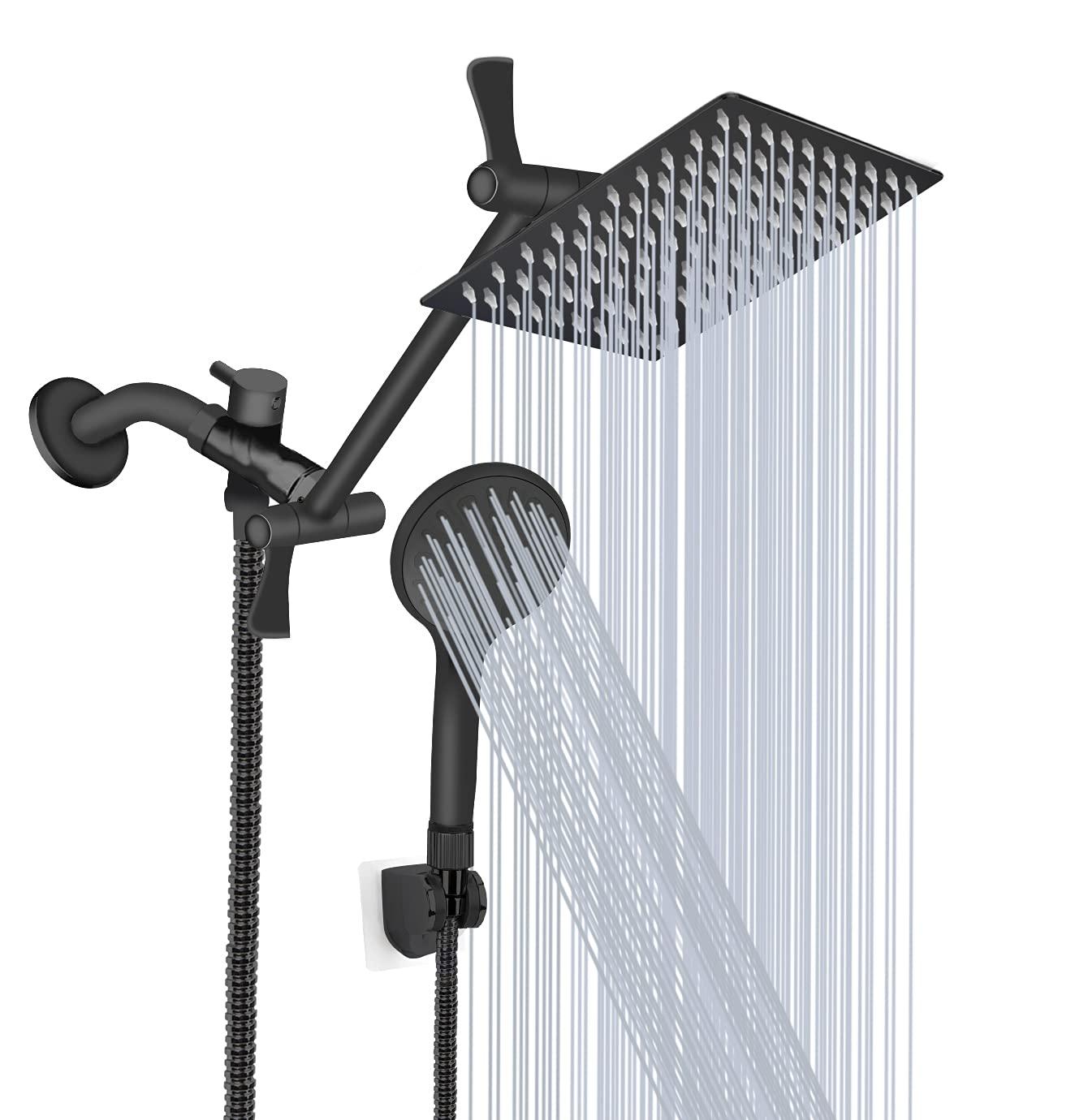 Shower Head with Hose, 8'' High Pressure Rain Shower Head, Handheld Shower Head Combo with 11'' Extension Arm, 5 Spray Settings Adjustable Shower Head with Holder, Height/Angle Adjustable