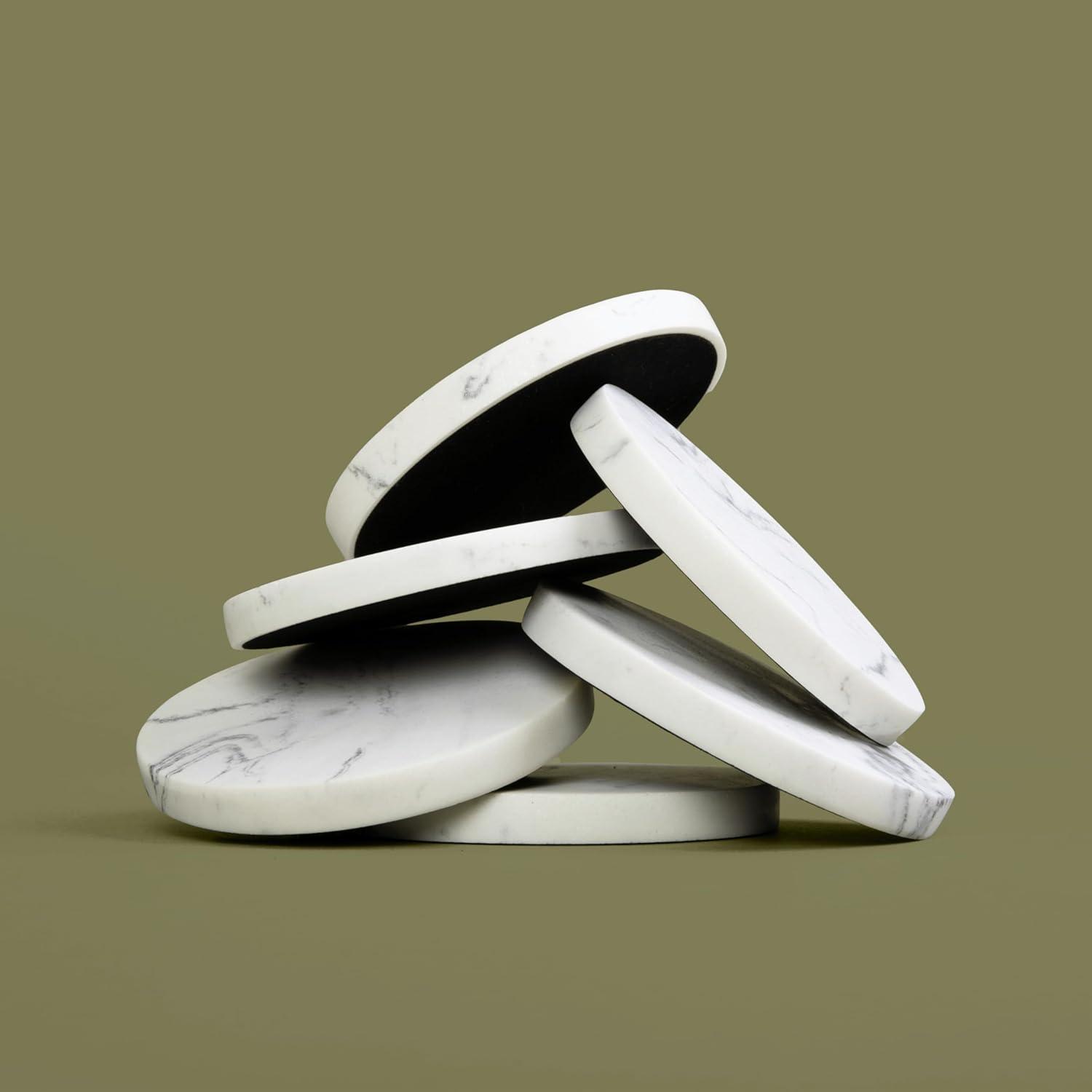 Essentra Home Set of 6 White Marble Coasters for Drinks, Soft Felt Bottom Protects Your Furniture from Scratches, Absorbent 4 Inch Coasters