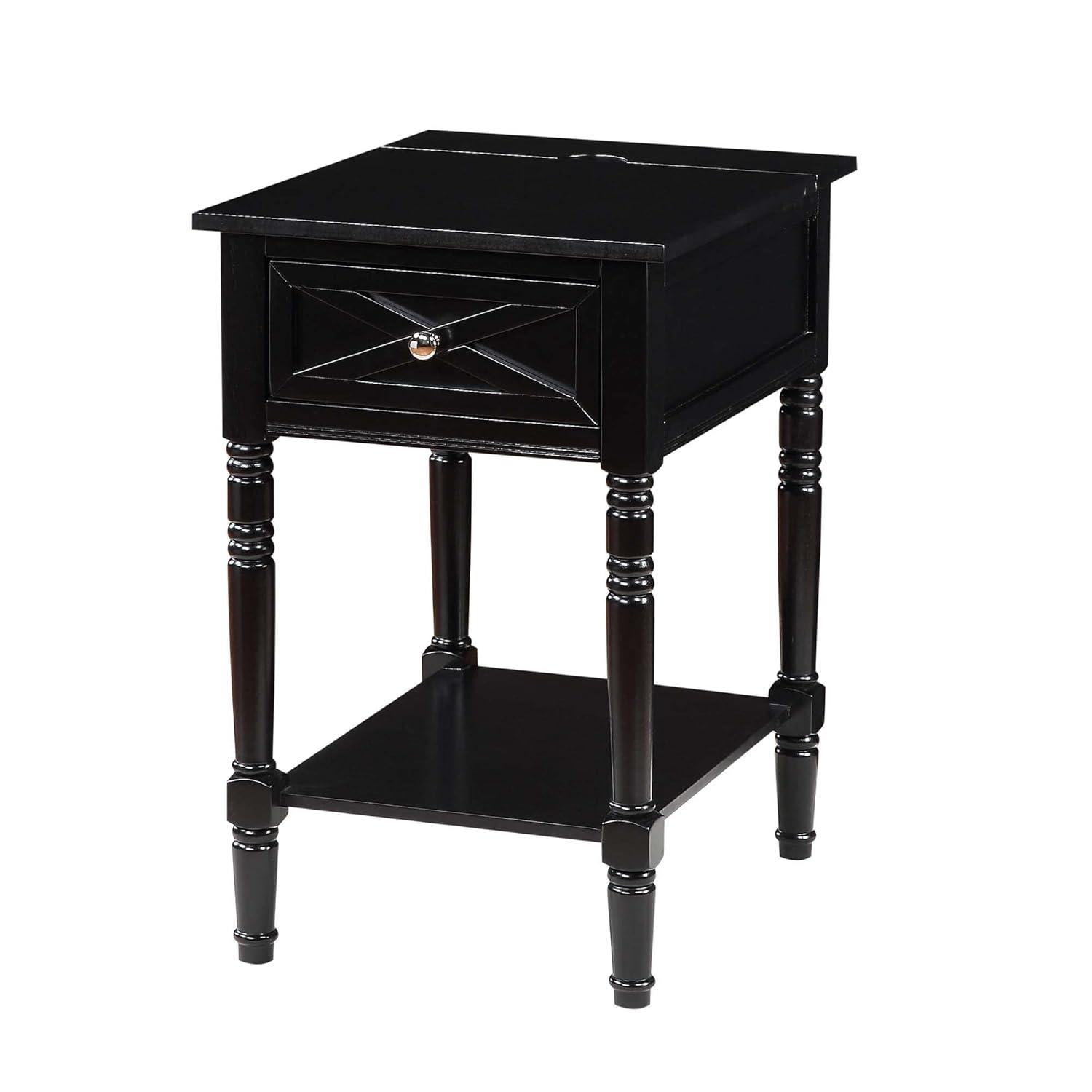 Convenience Concepts Country Oxford 1 Drawer End Table with Charging Station and Shelf, Black