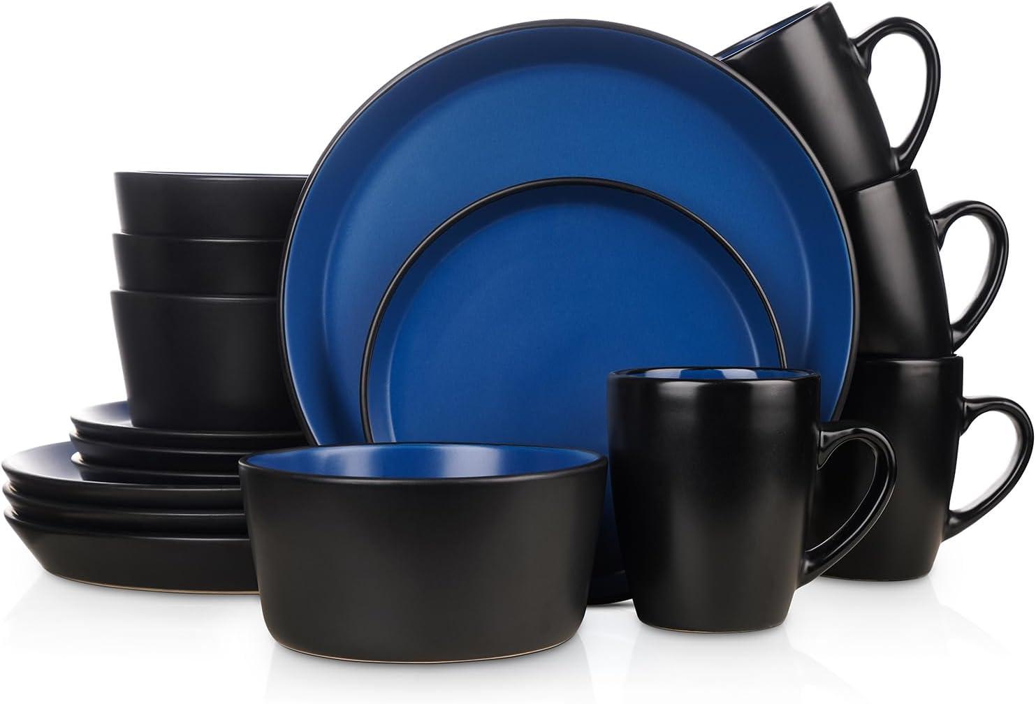 Blue and Black Glazed Porcelain 16-Piece Dinnerware Set