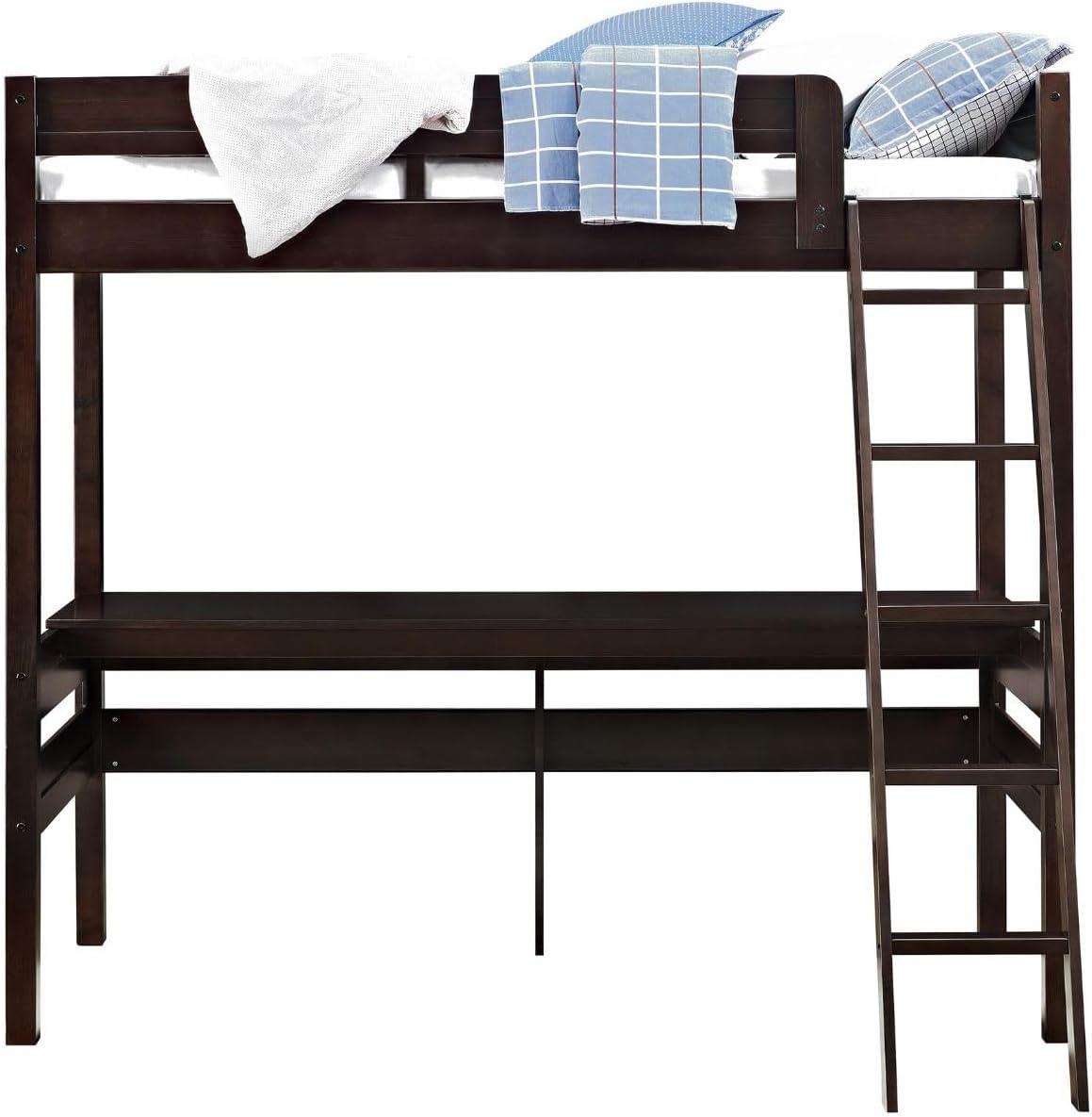 Espresso Twin Wood Loft Bed with Headboard and Slats