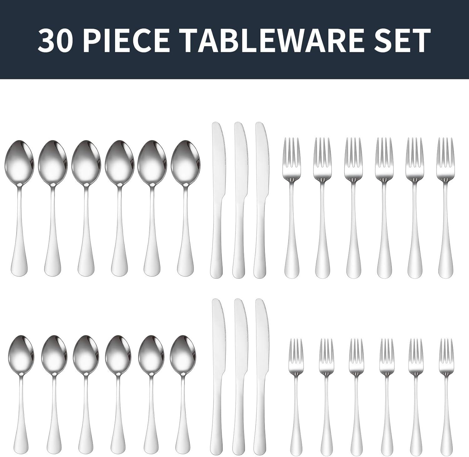 30 Piece Silverware Set Service for 6,Premium Stainless Steel Flatware Set,Mirror Polished Cutlery Utensil Set,Durable Home Kitchen Eating Tableware Set,Include Fork Knife Spoon Set,Dishwasher Safe