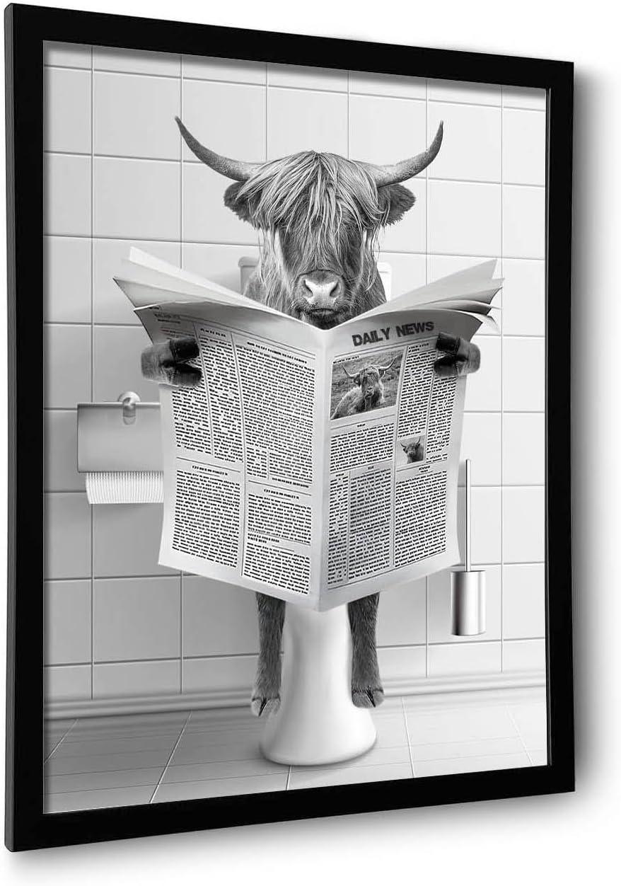 Funny Scottish Highland Cow Wall Art, Black and White Canvas, Rustic Farmhouse Style Decor Ready To Hang (8" W x 10" H)