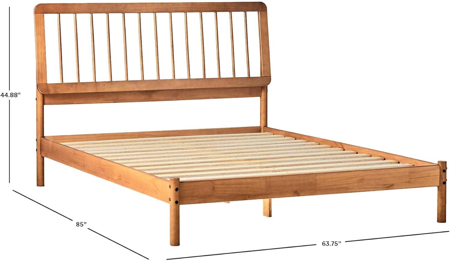 Walker Edison Mid-Century Modern Slatted Solid Wood Queen Bedframe, Caramel