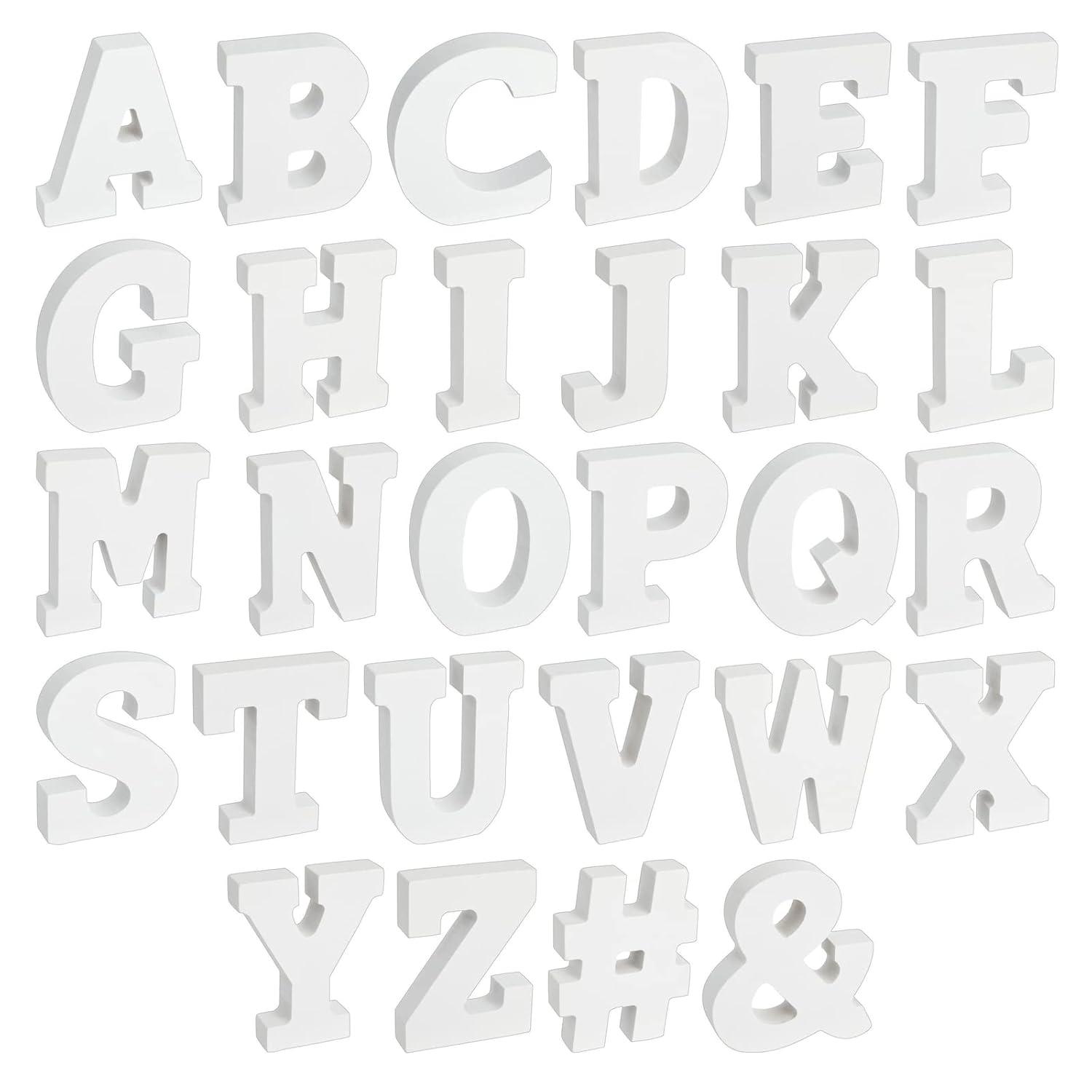 54-Piece 3D Wood Letter Alphabet for Table Top, White Block Letters for Decor Standing, Party Decor, A-Z Marquee Letters, 3D Decor for Weddings, Birthdays, and Home (3 Inch, 0.6 Inch Thick)