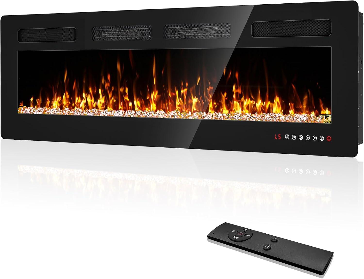 Ultra-Thin Black Glass Wall Mounted Electric Fireplace 50 Inch