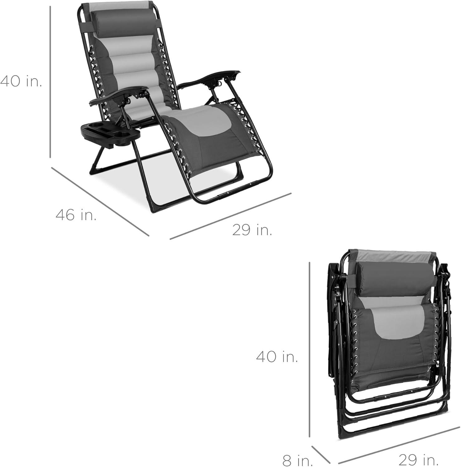 Best Choice Products Oversized Padded Zero Gravity Chair, Folding Outdoor Patio Recliner w/ Side Tray - Gray/Light Gray