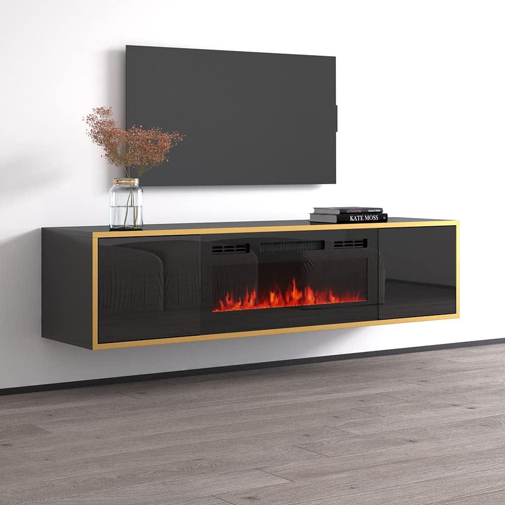 Goldie BL-EF Floating Fireplace TV Stand for TVs up to 75", Modern High Gloss 65" Entertainment Center, Wall Mounted Electric Fireplace TV Media Console with Storage Cabinets