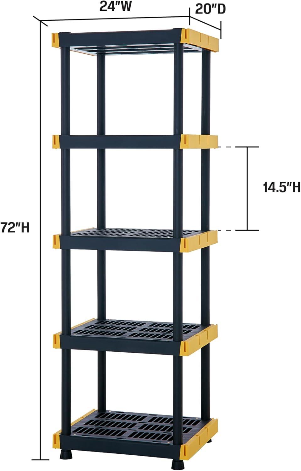 BLACK & YELLOW®, 5-Tier Heavy Duty Plastic Storage Shelving Unit, 100lbs/shelf (72”H x 24”W x 20”D), for Indoor/Outdoor Organization, Modular Rack