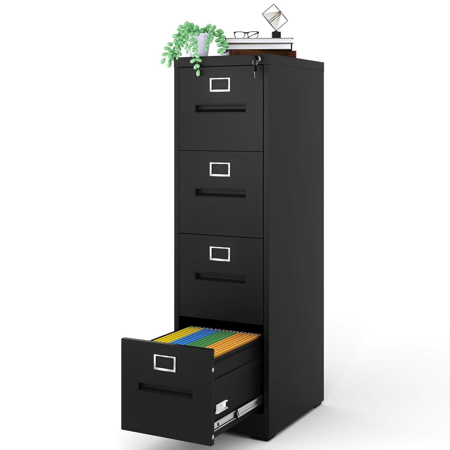 AQY 4 Drawer File Cabinet with Lock,Filing Cabinets for Home Office,Metal File Cabinet 18" Deep Vertical Storage Drawer for Hanging A4/F4/Letter/Legal Size Files, Assembly Require