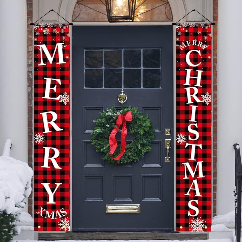 Christmas Decorations Outdoor Yard Front Porch Sign Set, Red Black Buffalo Plaid Door Banner, Hanging Merry Christmas Decorations for Home, Indoor Outdoor Xmas Decor Wall Front Door Yard Garage