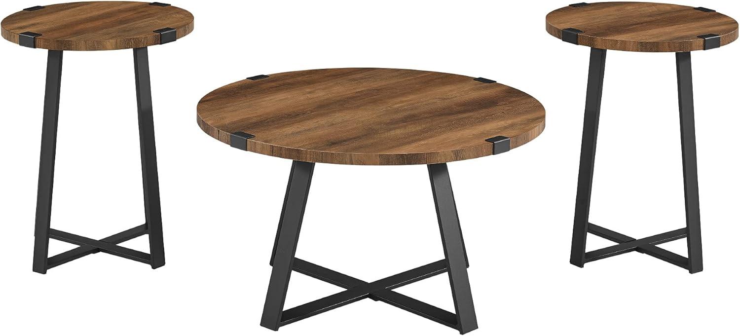 Rustic Oak 3-Piece Metal X Base Coffee and Side Table Set