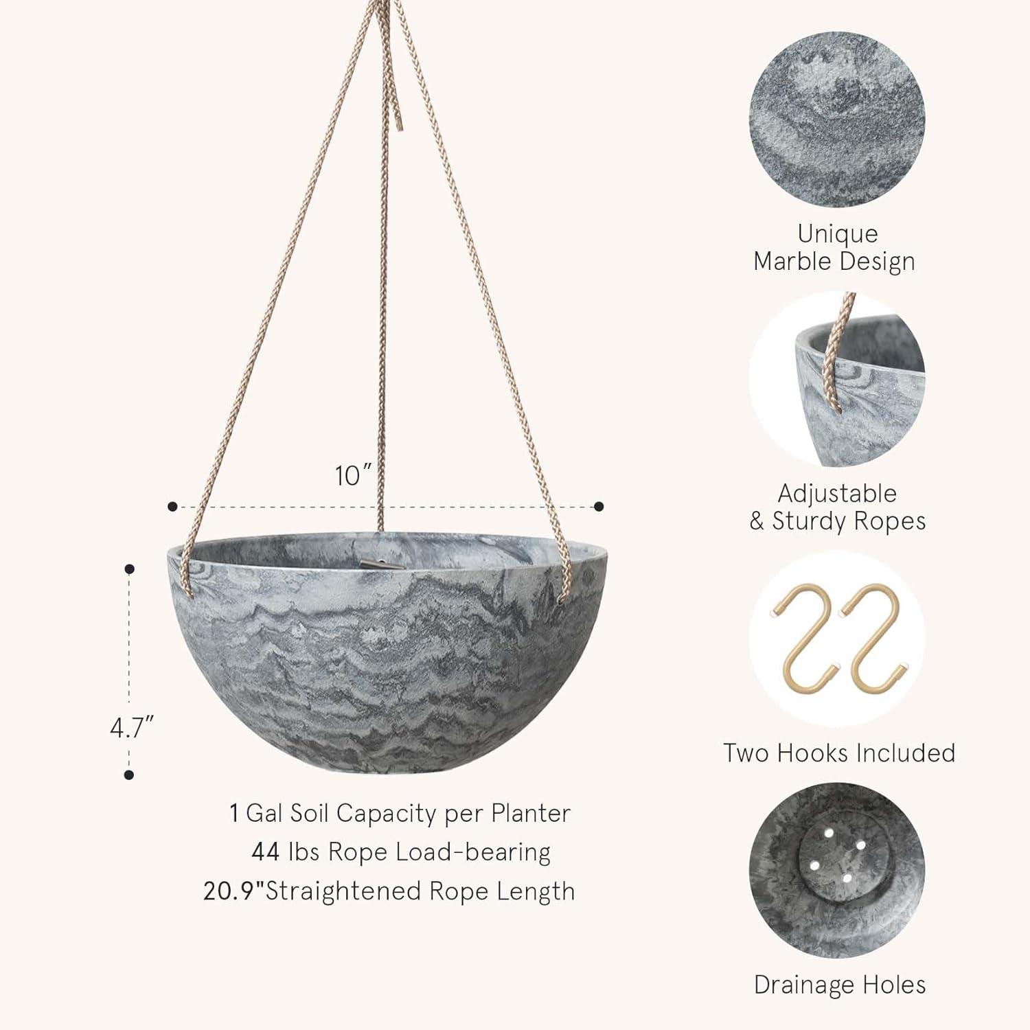 Gray Marble Pattern 10'' Recycled Plastic Hanging Planters with Rope