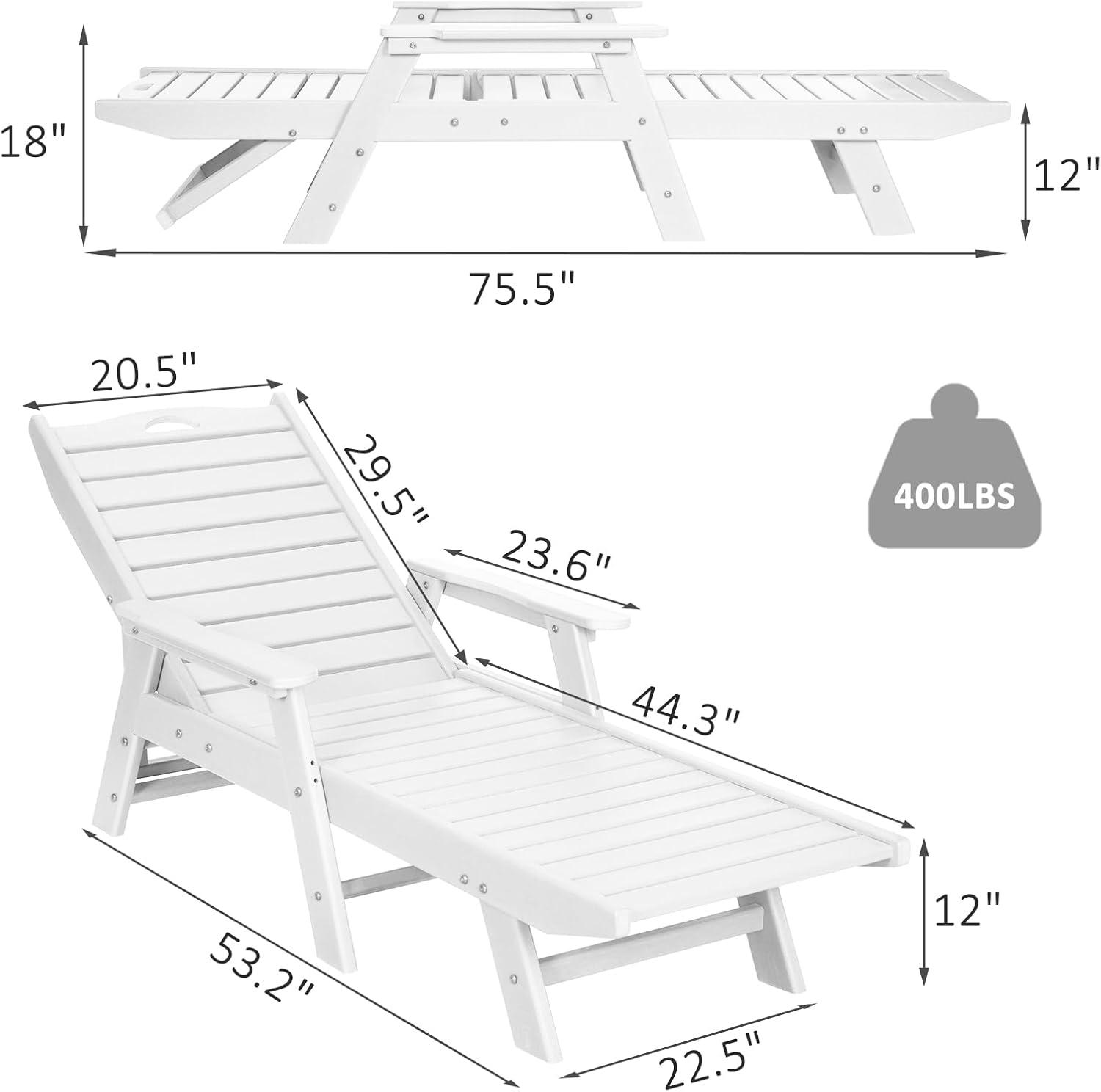 NALONE Chaise Lounge Set of 2 Outdoor with 5-Position Adjustable Backrest, HDPE Lounge Chair for Outside Supports Up to 400 LBS, Pool Lounge Chairs for Patio Poolside Deck Beach Backyard(White)