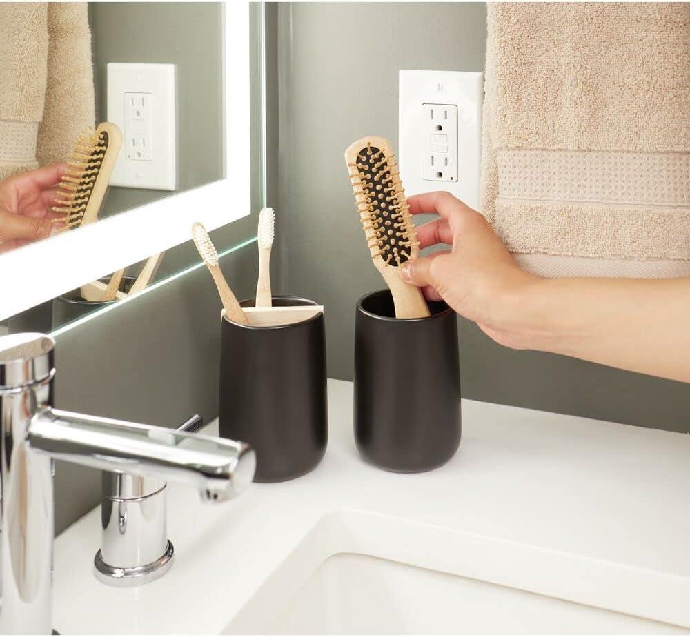 Black Ceramic Toothbrush Holder with Wood Divider