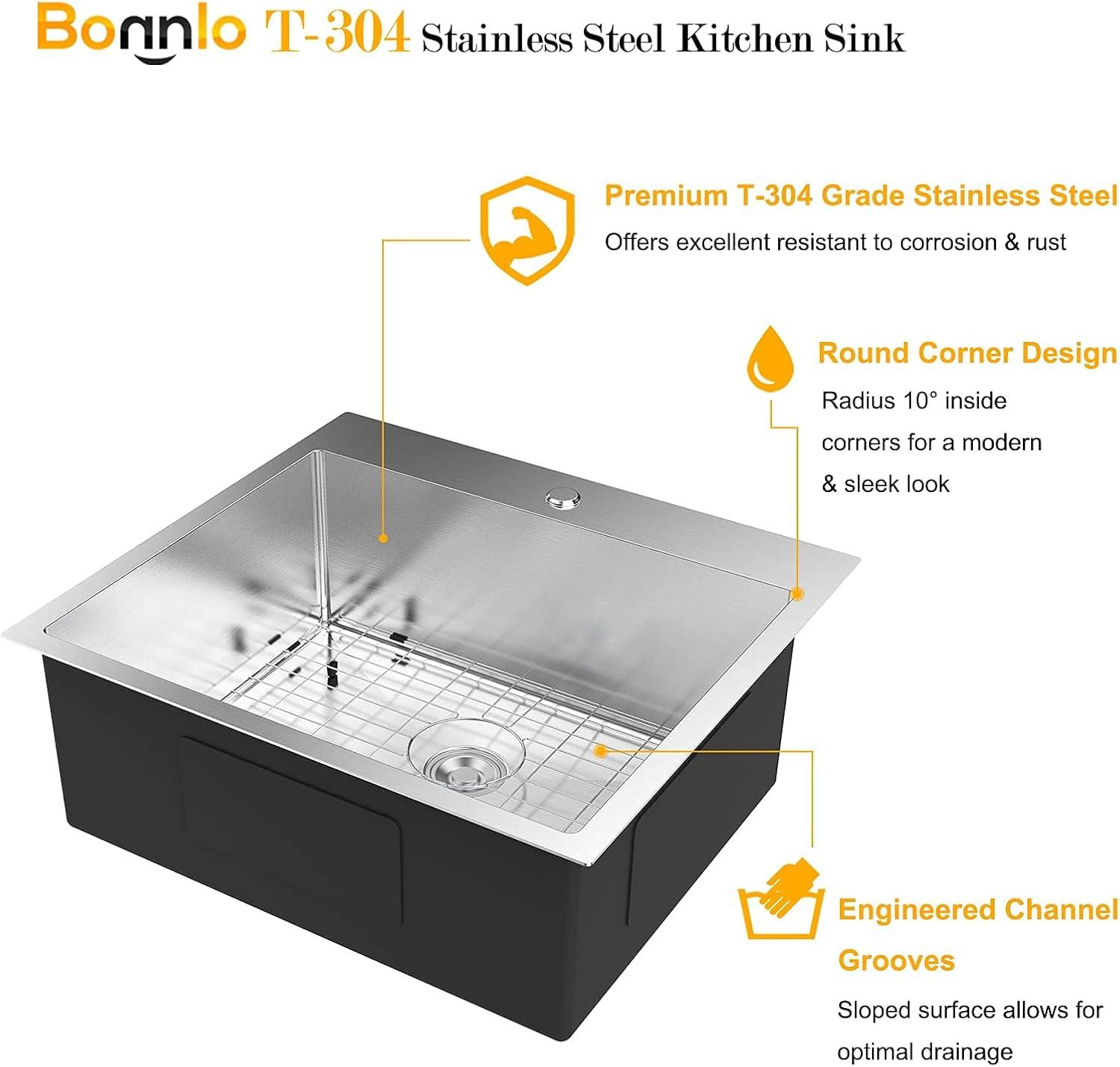 Polished Stainless Steel Farmhouse Drop-In Kitchen Sink, 23 Inches