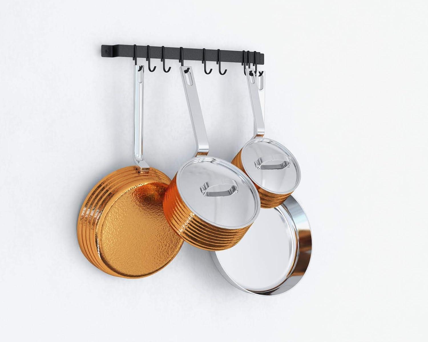 Wallniture Gourmet Kitchen Rail with 10 Hooks, Wall Mounted Wrought Iron Hanging Utensil Holder Rack with Black 17 Inch