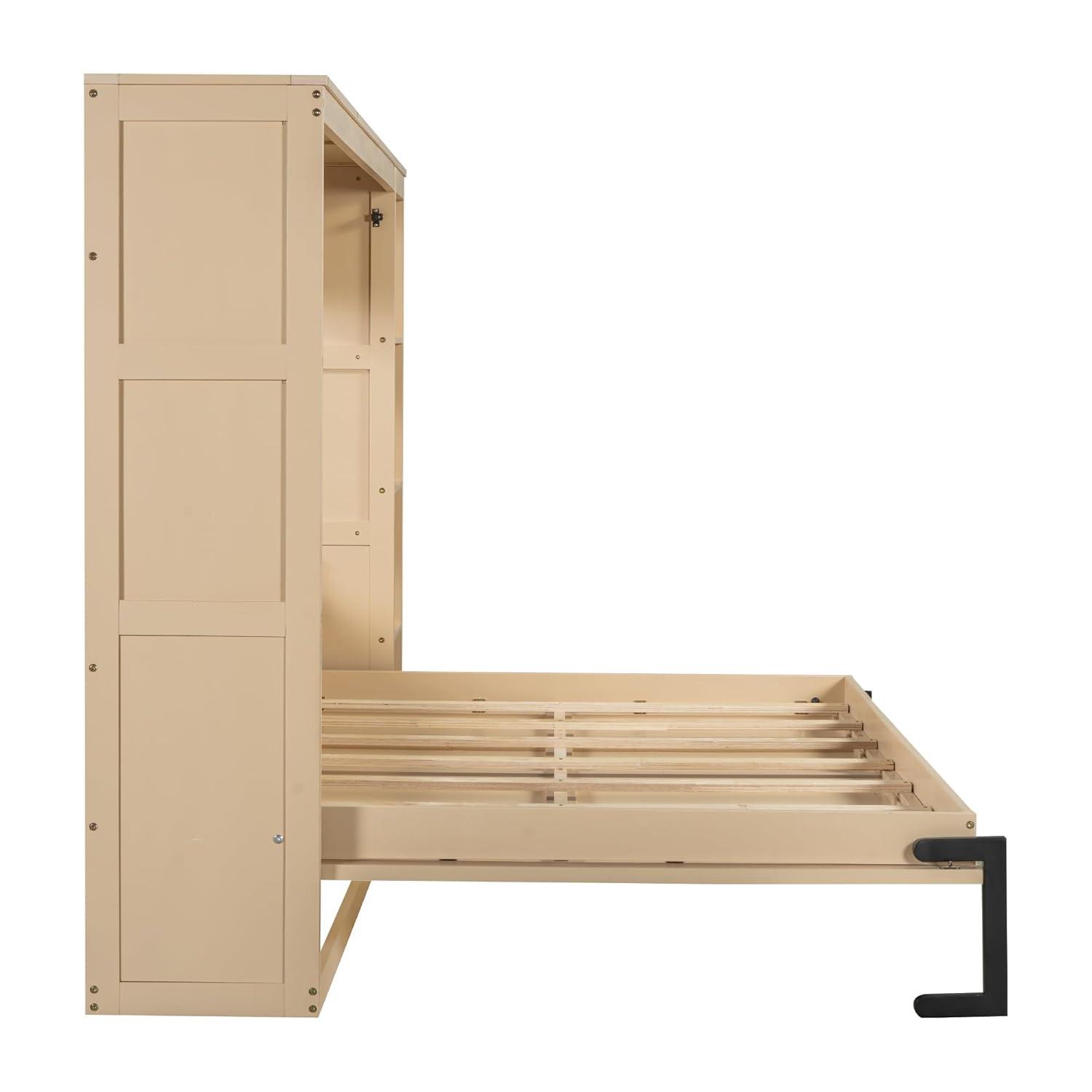 SOFTSEA Modern Murphy Bed Cabinet Bed with Bookshelf, Full Size Foldable Platform Bed Frame with Storage Racks, for Home Guest Room Small Room, Natural