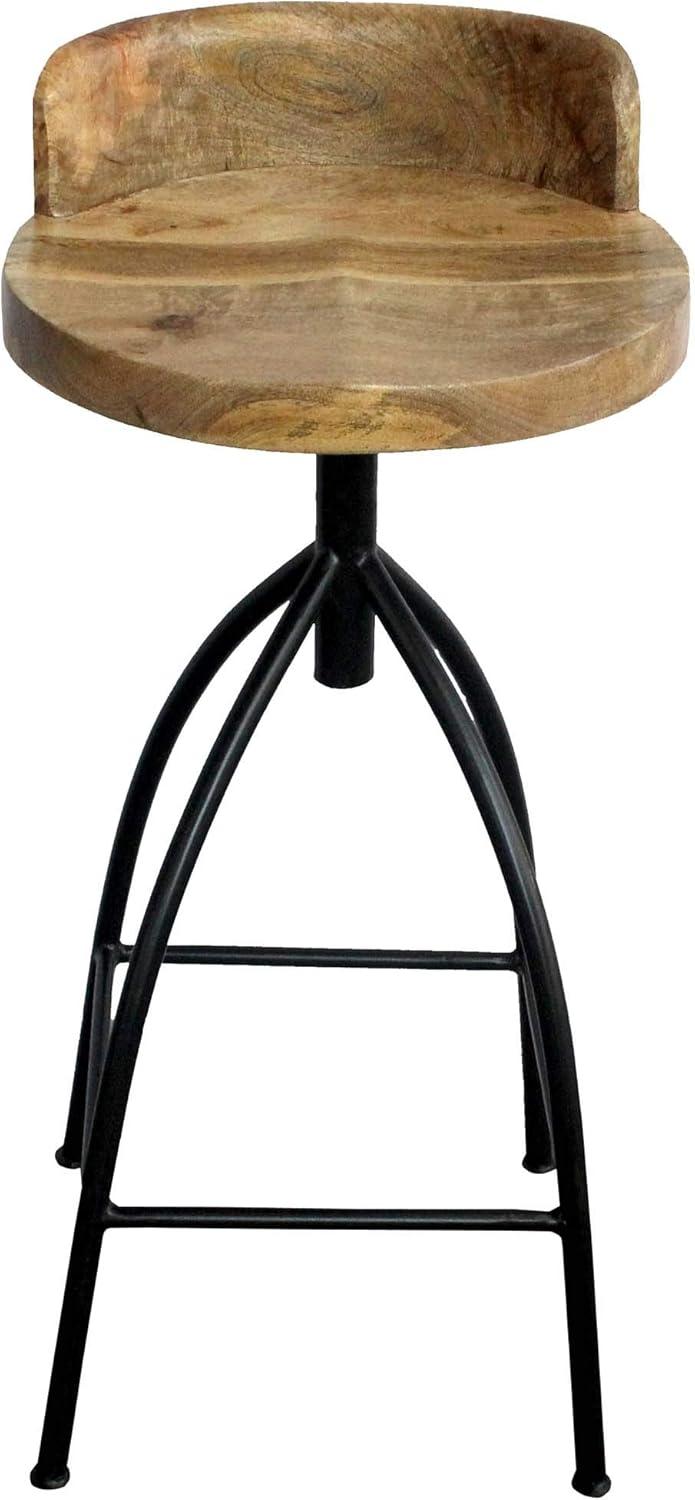 Benzara Industrial Style Adjustable Swivel Bar Height Stool with Backrest, Brown and Black