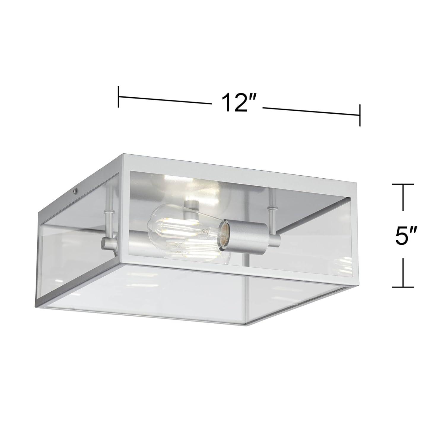 Union Modern Farmhouse Indoor-Outdoor Flush-Mount Ceiling Light Fixture 12" Matte Silver Nickel Clear Glass Panels Square Exterior House Porch Patio Outside Deck Garage Entryway Home