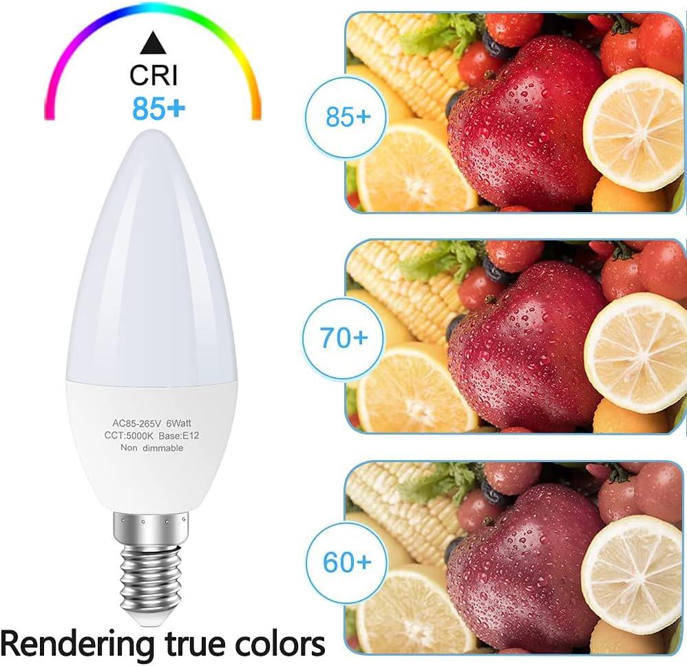TGMOLD 6W LED E12 Candelabra Light Bulbs, 6 Watts (60W Equivalent), Daylight White 5000K, Chandelier Bulbs for Table Lamp, Chandelier, Ceiling Fan, Kitchen, 6 Pack