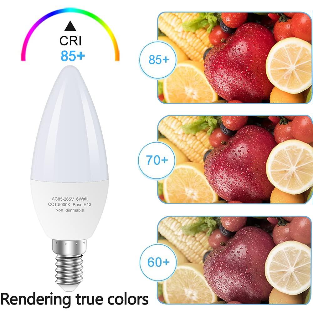 TGMOLD 6W LED E12 Candelabra Light Bulbs, 6 Watts (60W Equivalent), Daylight White 5000K, Chandelier Bulbs for Table Lamp, Chandelier, Ceiling Fan, Kitchen, 6 Pack