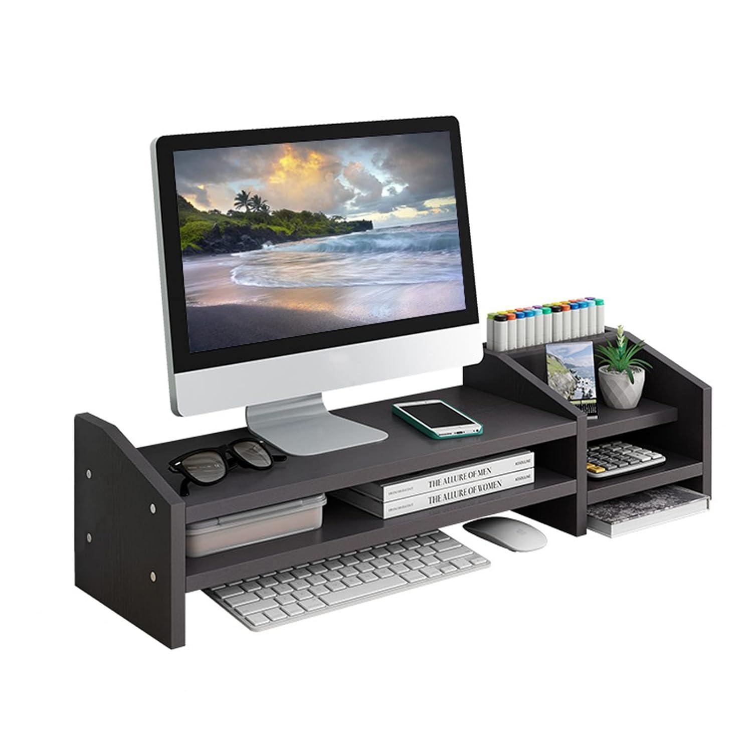 Computer Monitor Riser, 2 Tier Wooden Stand With Two Layer Storage Rack, Black Desktop Organizer for PC/Laptop, Home & Office