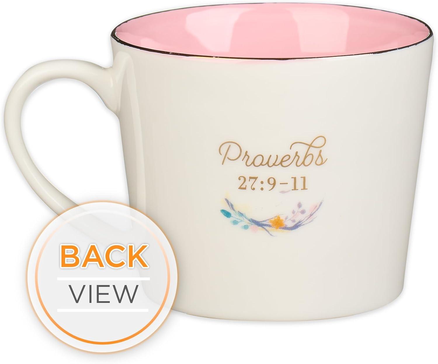 Christian Art Gifts Novelty Ceramic Floral Coffee & Tea Mug for Women: I Love that You're My Friend - Prov. 27:9 Inspirational Scripture, Lead-free Multicolor w/Birds & Gold Design, White/Pink, 13 oz.