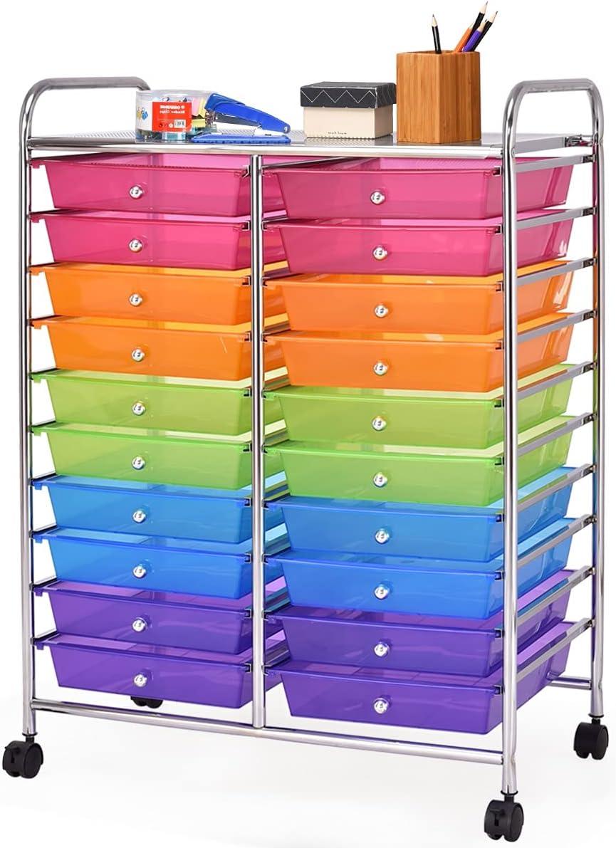 20-Drawer Organizer Cart Tools, Mobile Utility Storage Cart with Detachable Drawers & Lockable Wheels, Rolling Storage Cart with wheels for Home Office School(Multicolor)