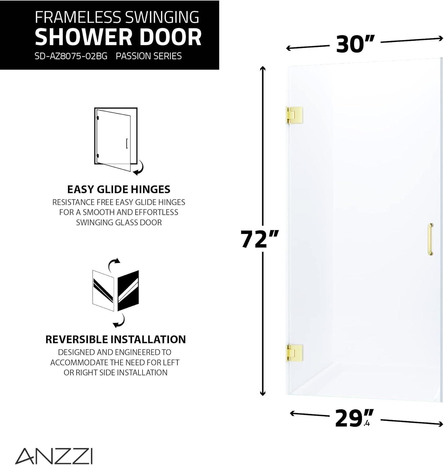 ANZZI Fellow Series 30 In. X 72 In. Frameless Hinged Shower Door With Stainless Steel Handle In Brushed Gold
