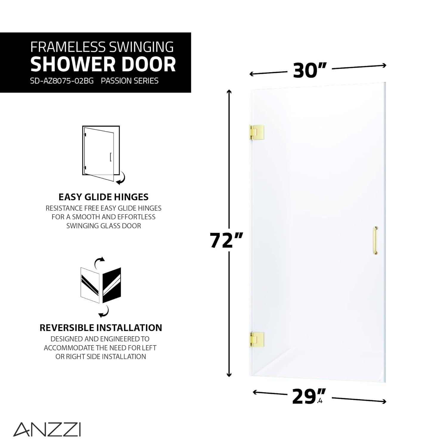 ANZZI Fellow Series 30 In. X 72 In. Frameless Hinged Shower Door With Stainless Steel Handle In Brushed Gold