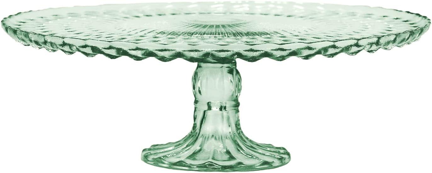 Green Glass Pedestal Cake Stand with Vintage Design