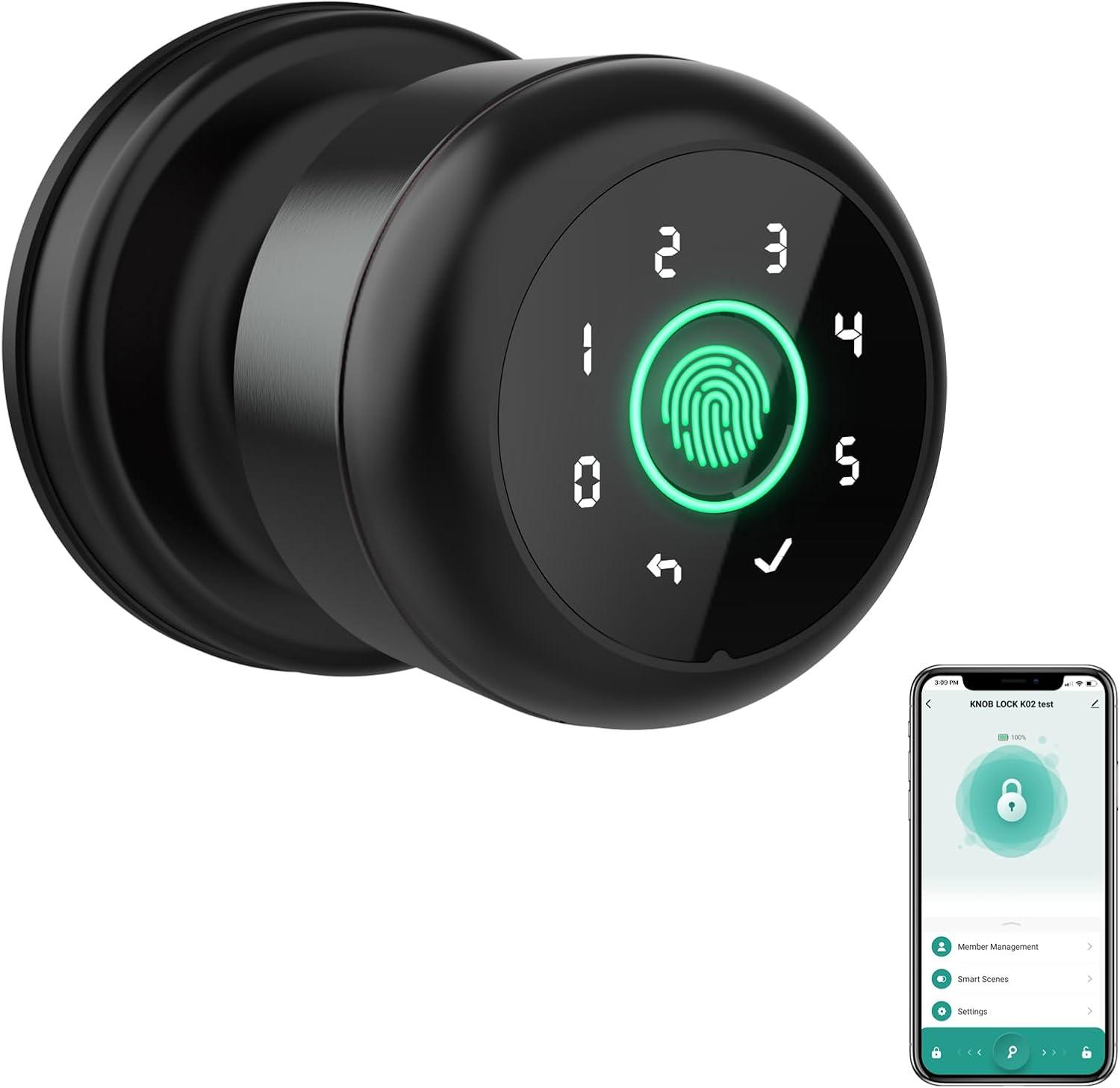 Black Round Smart Fingerprint Door Knob with Keypad