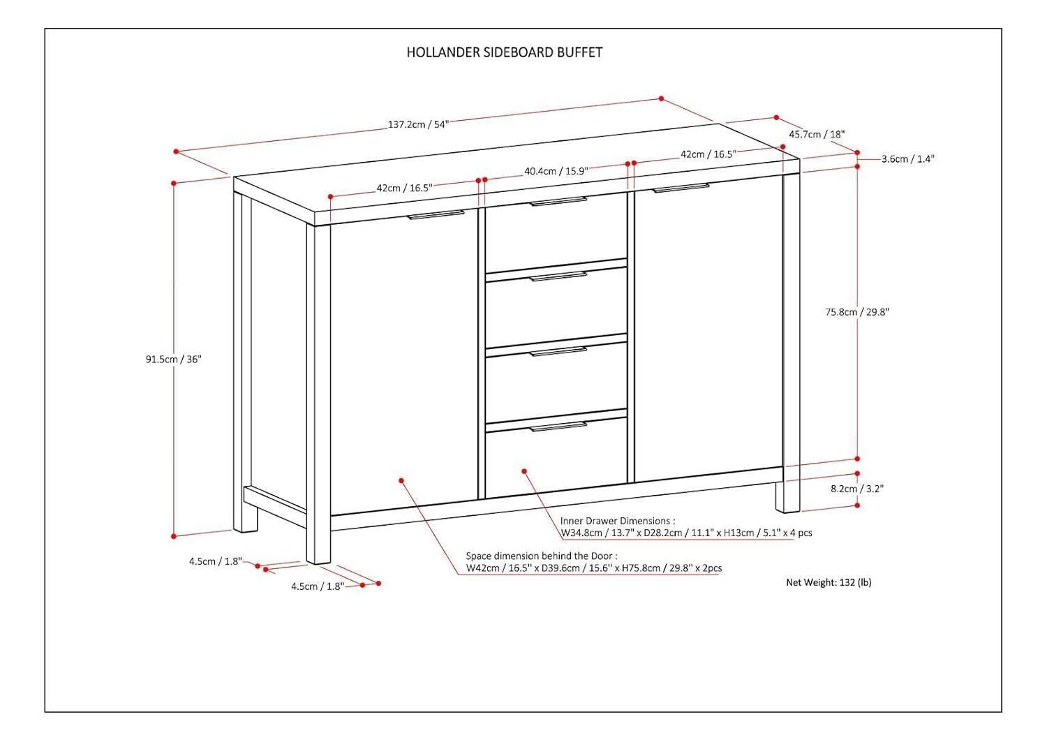 Simpli Home Hollander 54"W Solid Wood Contemporary 2-Door Sideboard Buffet with 4 Center Drawers