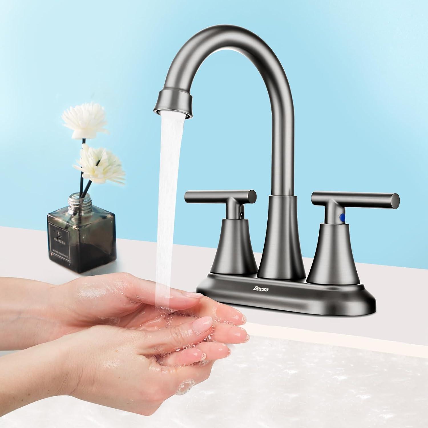 4 Inch Bathroom Faucets for Sink 3 Hole, Faucet for Bathroom Sink with Pop-up Drain & Supply Hoses, 2-Handle 360 Swivel Spout Stainless Steel Lead-Free, Centerset Faucet for Vanity Lavatory