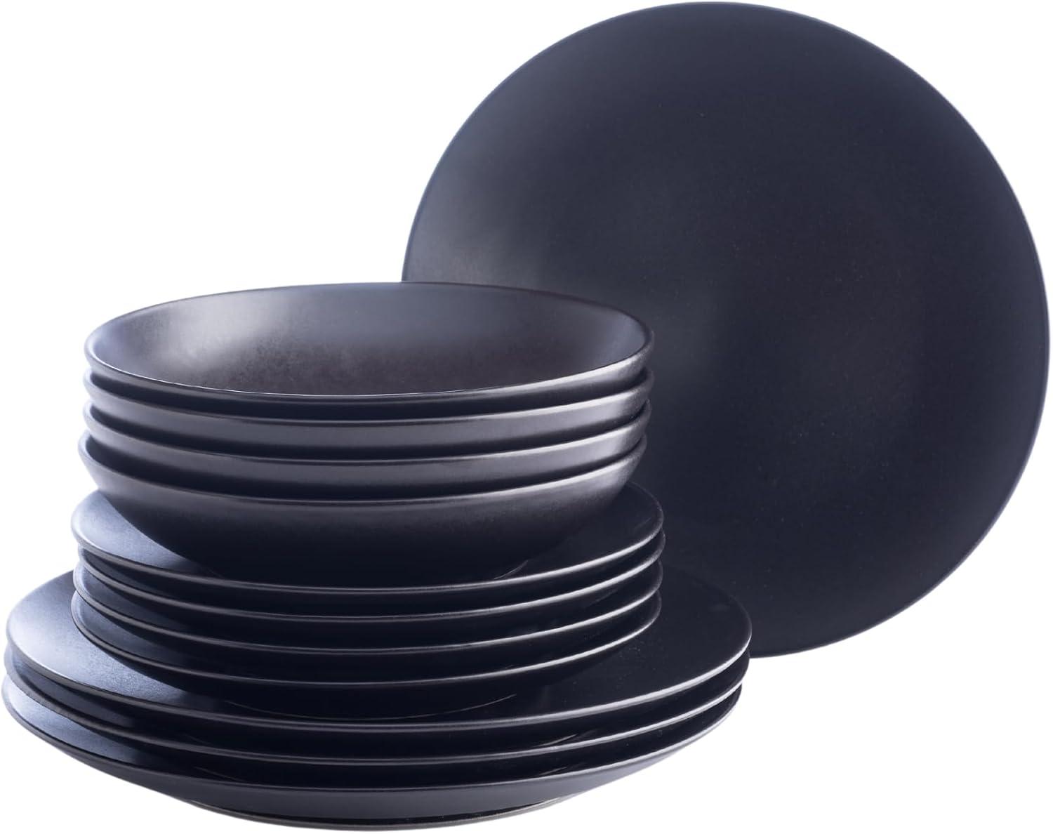 Black Matte 12-Piece Ceramic Dinnerware Set, Service for 4