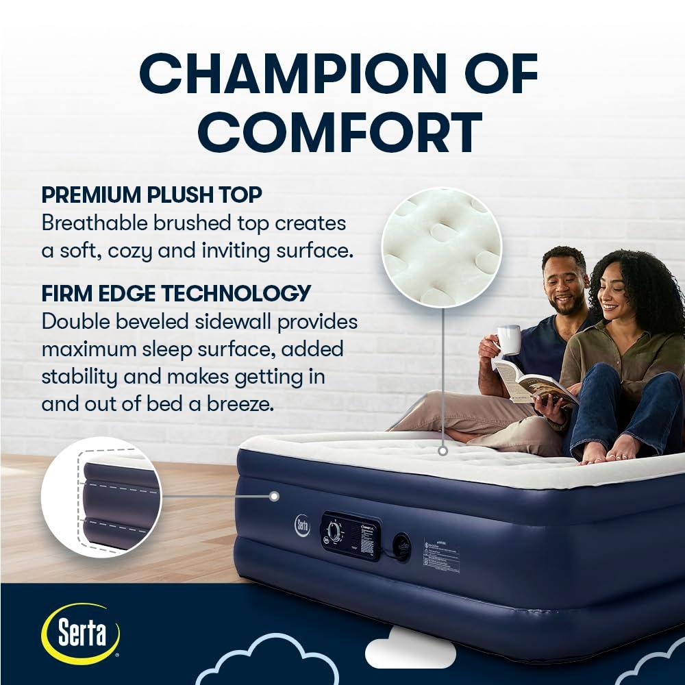 Serta Raised Air Mattress with Never Flat Pump | Luxury Inflatable Mattress with Built in Air Pump to Ensure a Good Night’s Rest | Heavy Duty Blow Up Mattress with Self Inflating Pump