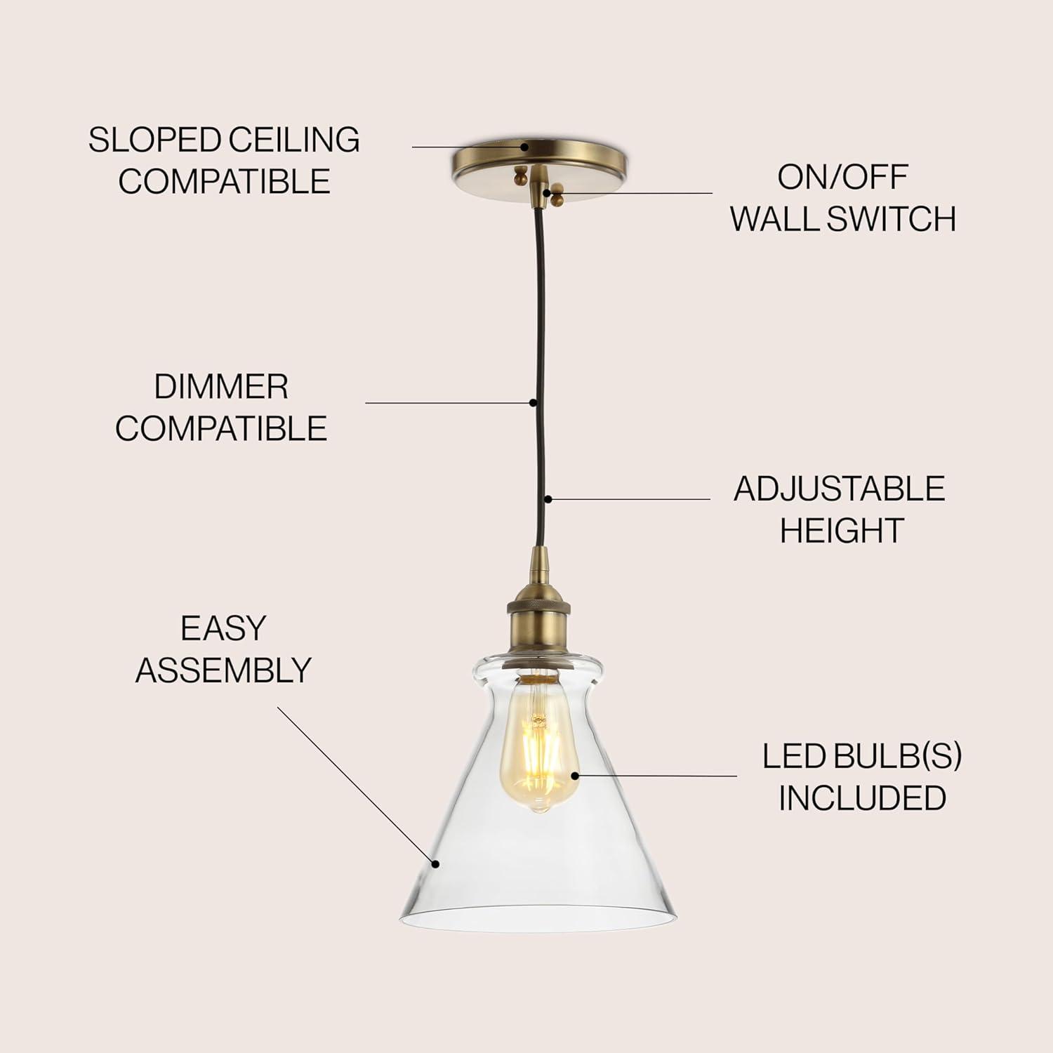 Goldwater 7.5" Adjustable Drop Metal/Glass LED Pendant, Brass Gold